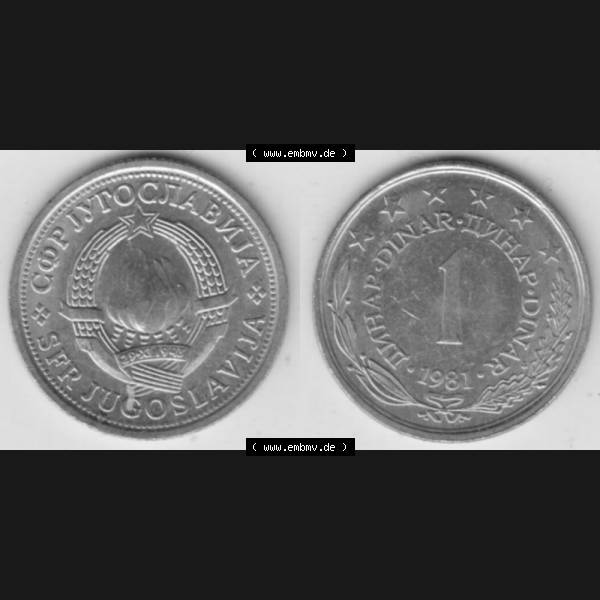 Grau bzw. s/w Münzen Jugoslawien Umlaufmünze 1973-1981, 1 Dinar 1981, Bild mit Vollansicht als Bildmaterial Sammlung Graustufen