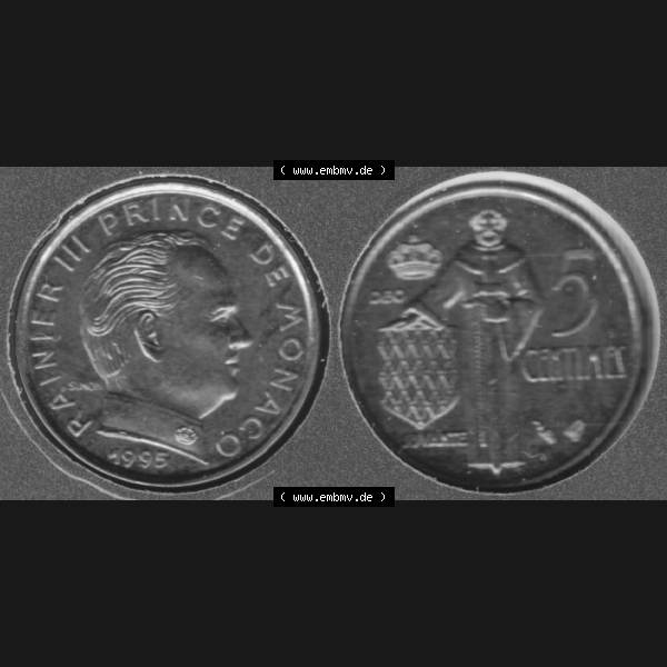 Grau bzw. s/w Münzen Monaco Umlaufmünze 1976-1995, 5 Centimes 1995. Vorderseite und Rückseite horizontal nebeneinander auf einen digitalen Bild zum herunterladen, einer alten Umlaufmünze... Sammlung Graustufen