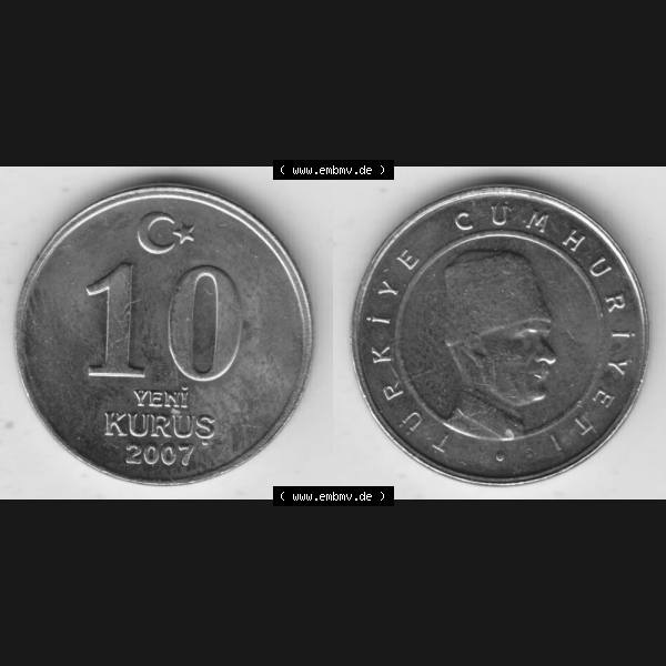 Grau bzw. s/w Münzen Türkei Umlaufmünze 2005-2008, 10 Yeni Neue Kurus 2007. Vorderseite und Rückseite der Münze der Türkei auf einen Digitalen Bild, als Bildmaterial... Sammlung Graustufen