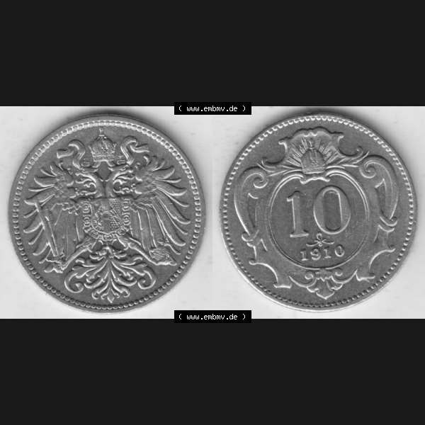 Grau bzw. s/w Münzen Österreich Umlaufmünze 1892-1911, 10 Heller 1910, Münze aus Österreich mit Münzseiten Horizontal / Nebeneinander auf einen Bild für Mobile-Geräte... Sammlung Graustufen