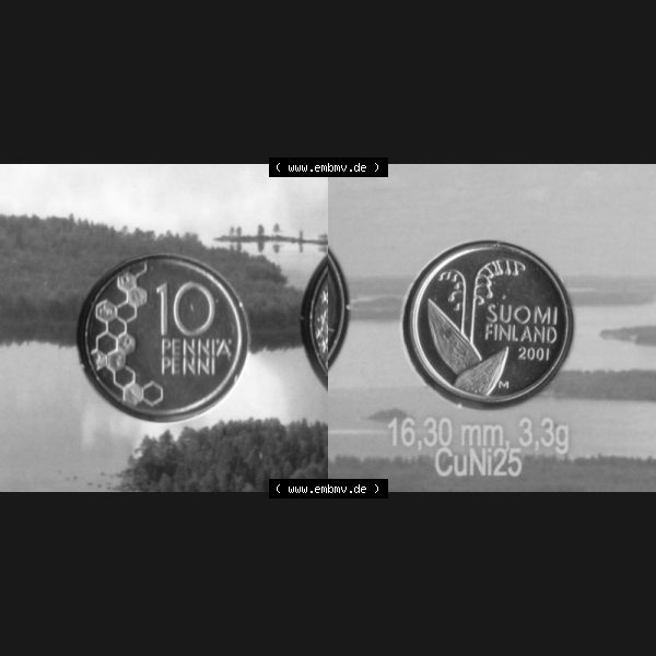 Grau bzw. s/w Münzen Finnland Umlaufmünze 2001, 10 Penni, Penniä. Vorderseite und Rückseite horizontal auf einen digitalen Bild der alten finnischen Umlaufmünze aus Finnland... Sammlung Graustufen