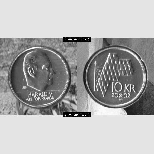 Grau bzw. s/w Münzen Norwegen Umlaufmünze 1995-2012, 10 KR, Kronen 2002, Münze aus Norwegen mit Münzseiten Horizontal / Nebeneinander auf einen Bild für Mobile-Geräte... Sammlung Graustufen