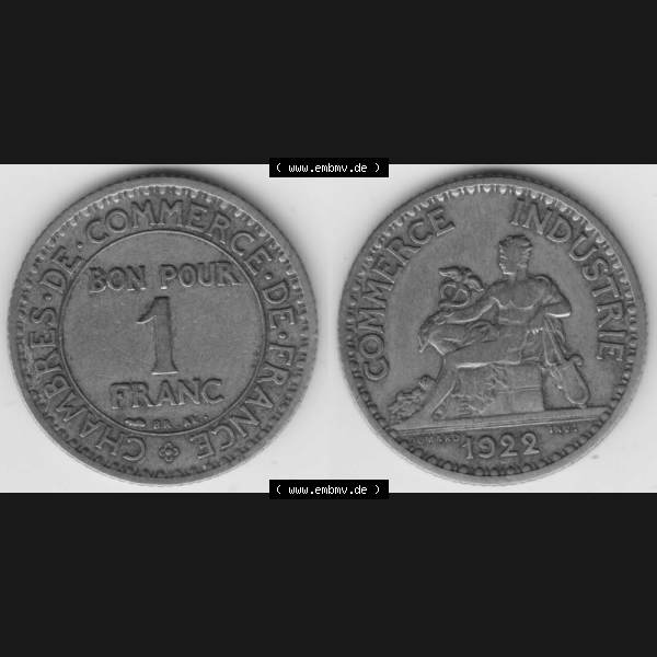 Grau bzw. s/w Münze Frankreich 1920-1927, 1 Francs, Franken 1922. Vorderseite und Rückseite horizontal auf einen digitalen Bild der alten französischen Umlaufmünze aus Frankreich... Sammlung Graustufen