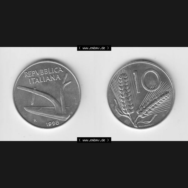 Grau bzw. s/w Münzen Italien Umlaufmünze 1951-2001, 10 Lira-Lire Kleine Münze 1998. Vorderseite und Rückseite horizontal auf einen digitalen Bild der alten italienischen Münze aus... Sammlung Graustufen