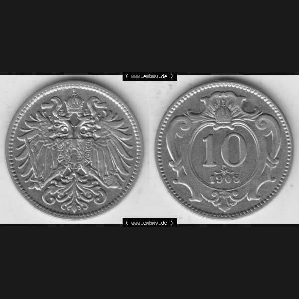 Grau bzw. s/w Münzen Österreich Umlaufmünze 1892-1911, 10 Heller 1908, Münze aus Österreich mit Münzseiten Horizontal / Nebeneinander auf einen Bild für Mobile-Geräte... Sammlung Graustufen