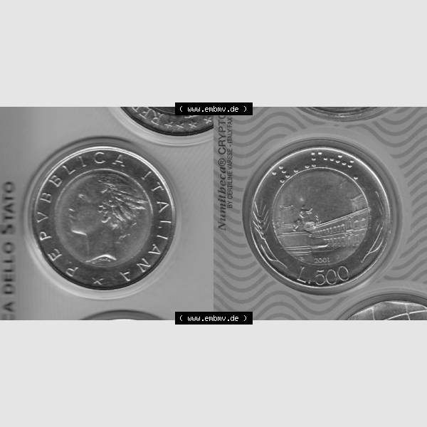Grau bzw. s/w Münzen Italien Umlaufmünze 1982-2001, 500 Lira-Lire Unedeles Metall 2001. Vorderseite und Rückseite horizontal auf einen digitalen Bild der alten italienischen Münze aus... Sammlung Graustufen