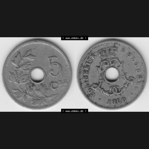 Grau bzw. s/w Münzen Belgien Umlaufmünze 1904-1907, 5 Cen, Centimes Koninkrijk Belgie. Vorderseite und Rückseite horizontal auf einen digitalen Bild der alten belgischen Francs Umlaufmünze... Sammlung Graustufen