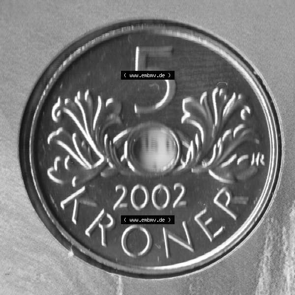 Grau bzw. s/w Münzen Norwegen Umlaufmünze 1998-2017, 5 Kroner, Kronen 2002, Bild mit Rückseite der norwegischen Münze als Bildmaterial, des Bildes zur deiner Nutzung Sammlung Graustufen