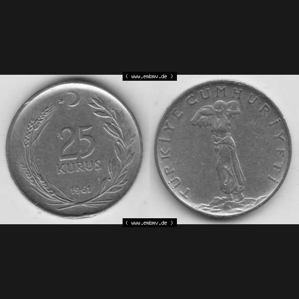 Grau bzw. s/w Münzen Türkei Umlaufmünze 1960-1966, 25 Kurus 1961. Vorderseite und Rückseite der Münze der Türkei auf einen Digitalen Bild, als Bildmaterial für Sammler... Sammlung Graustufen