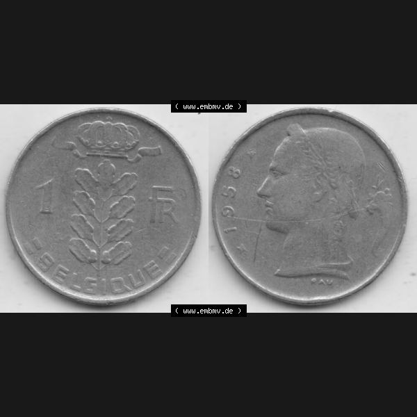 Grau bzw. s/w Münzen Belgien Umlaufmünze 1950-1988, 1 Francs-Franken 1958 Belgique. Vorderseite und Rückseite horizontal auf einen digitalen Bild der alten belgischen Francs Umlaufmünze... Sammlung Graustufen