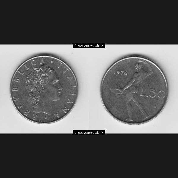Grau bzw. s/w Münzen Italien Umlaufmünze 1954-1989, 50 Lira, bzw. Lire 1976. Vorderseite und Rückseite horizontal auf einen digitalen Bild der alten italienischen Münze... Sammlung Graustufen