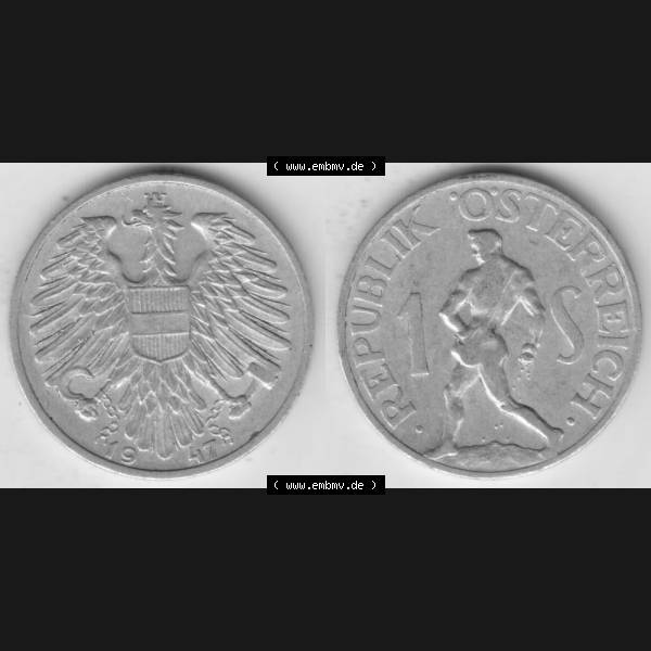 Grau bzw. s/w Münzen Österreich Umlaufmünze 1946-1957, 1 Schilling 1947 I., Münze aus Österreich mit Münzseiten Horizontal / Nebeneinander auf einen Bild für... Sammlung Graustufen
