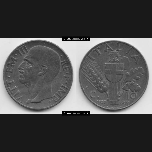 Grau bzw. s/w Münzen Italien Umlaufmünze 1936-1939, 10 Centesimi 1937, Bild mit Vollansicht zum Download Sammlung Graustufen