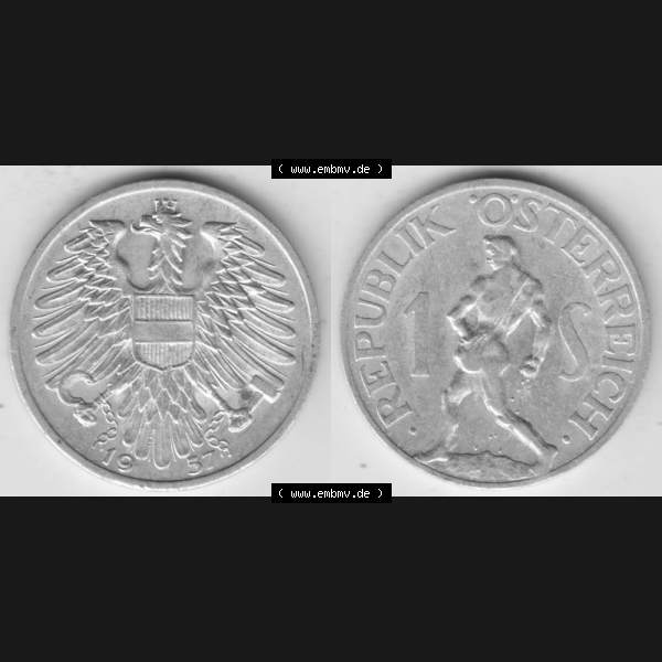 Grau bzw. s/w Münzen Österreich Umlaufmünze 1946-1957, 1 Schilling 1957, Münze aus Österreich mit Münzseiten Horizontal / Nebeneinander auf einen Bild für Mobile-Geräte... Sammlung Graustufen
