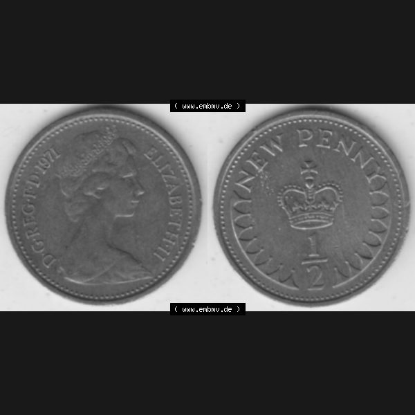 Grau bzw. s/w Münzen Großbritannien Umlaufmünze 1971-1981, 1/2 New Penny 1971. Vorderseite und Rückseite horizontal auf einen digitalen Bild der alten britischen Münze aus... Sammlung Graustufen