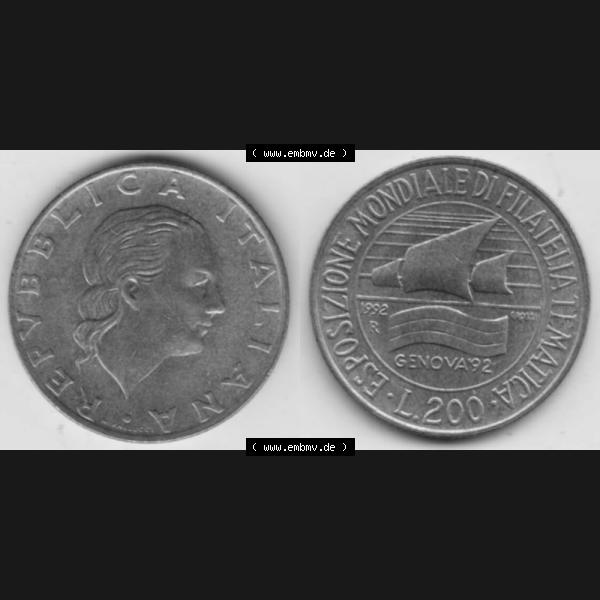 Grau bzw. s/w Münzen Italien Gedenkmünze 1992-1992, 200 Lire Briefmarkenausstellung in Genua, Bild mit Vollansicht zum Download Sammlung Graustufen