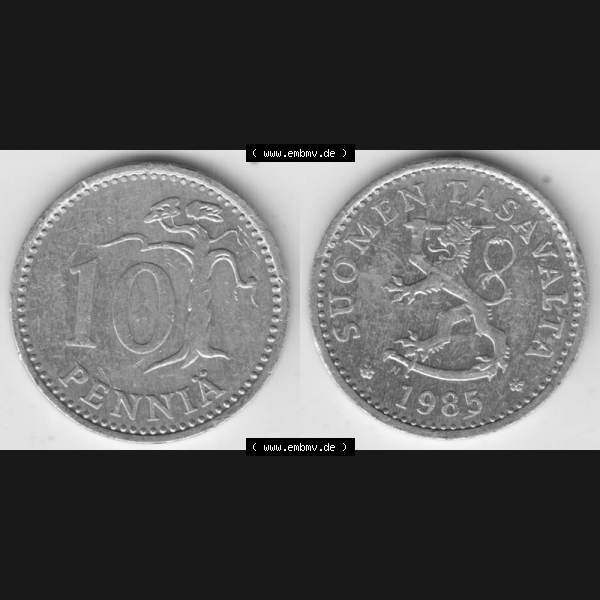 Grau bzw. s/w Münzen Finnland Umlaufmünze 1983-1990, 10 Penniä 1985. Vorderseite und Rückseite horizontal auf einen digitalen Bild der alten finnischen Umlaufmünze aus Finnland... Sammlung Graustufen