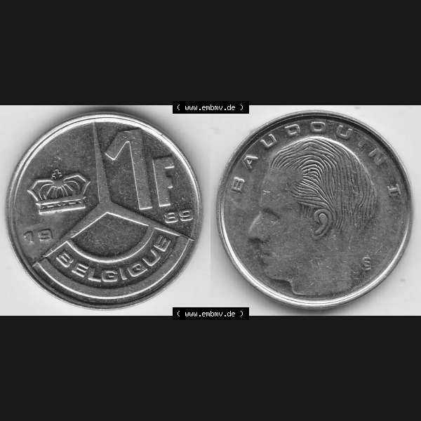 Grau bzw. s/w Münzen Belgien Umlaufmünze 1989-1993, 1 Franc 1989 Belgique. Vorderseite und Rückseite horizontal auf einen digitalen Bild der alten belgischen Francs Umlaufmünze aus Belgien... Sammlung Graustufen