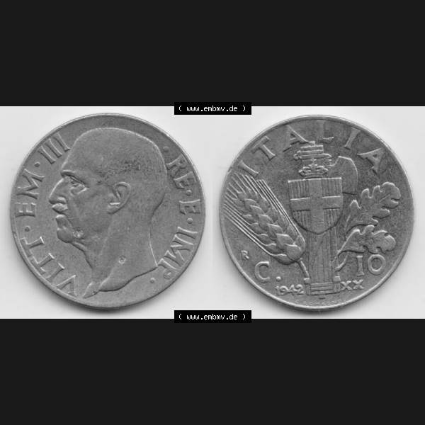 Grau bzw. s/w Münzen Italien Umlaufmünze 1939-1943, 10 Centesimi 1942. Vorderseite und Rückseite horizontal auf einen digitalen Bild der alten italienischen Münze aus Italien in der... Sammlung Graustufen