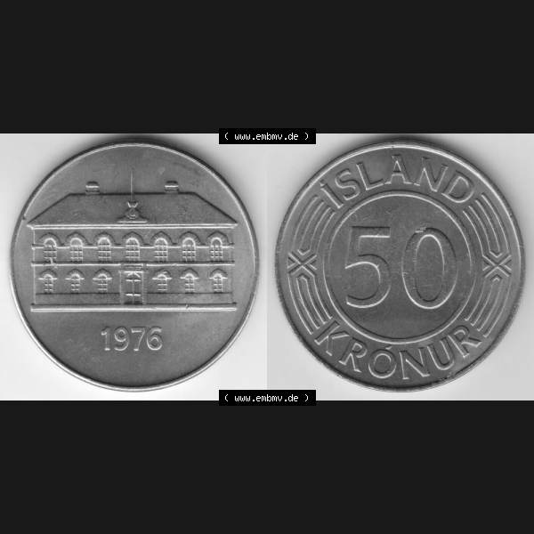 Grau bzw. s/w Münzen Island Umlaufmünze 1970-1980, 50 Kronur, Kronen 1976. Vorderseite und Rückseite horizontal auf einen digitalen Bild der alten Isländischen Umlaufmünze... Sammlung Graustufen