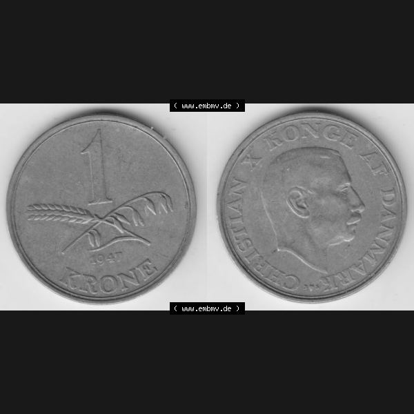Grau bzw. s/w Münzen Dänemark Umlaufmünze 1947, 1 Krone. Vorderseite und Rückseite horizontal auf einen digitalen Bild der alten dänischen Umlaufmünze aus Dänemark zum... Sammlung Graustufen