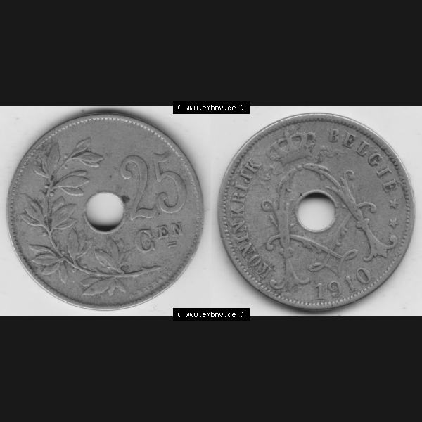 Grau bzw. s/w Münzen Belgien Umlaufmünze 1910-1929, 25 Cen, 1910 Centimes Koninkrijk Belgie. Vorderseite und Rückseite horizontal auf einen digitalen Bild der alten belgischen Francs... Sammlung Graustufen