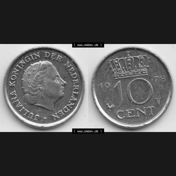 Grau bzw. s/w Münzen Niederlande Umlaufmünze 1950-1980, 10 Cent 1978, Bild mit horizontaler Vollansicht als Bildmaterial Sammlung Graustufen