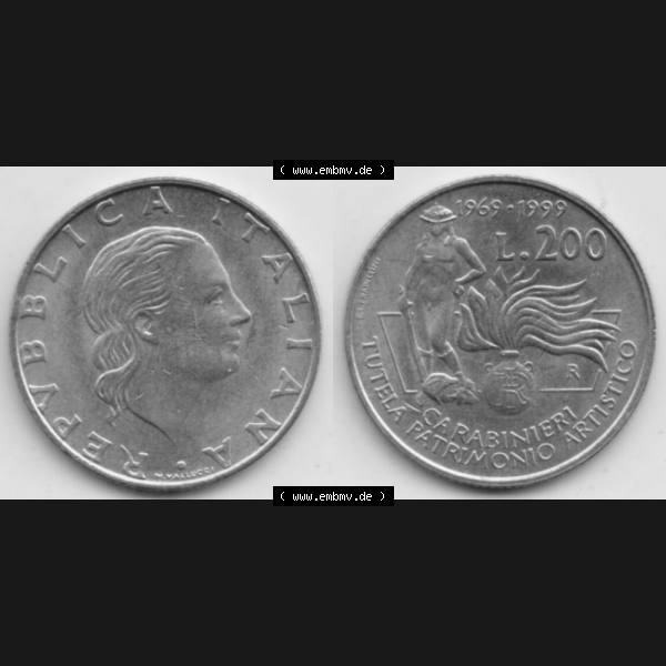 Grau bzw. s/w Münzen Italien Gedenkmünze 1999-1999, 200 Lire Carabinieri, Schutz der Kunsterbe, Bild mit Vollansicht zum Download Sammlung Graustufen