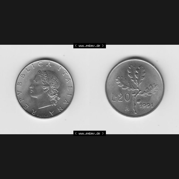 Grau bzw. s/w Münzen Italien Umlaufmünze 1956-2001, 20 Lira bzw. Lire 1991. Vorderseite und Rückseite horizontal auf einen digitalen Bild der alten italienischen Münze aus Italien... Sammlung Graustufen