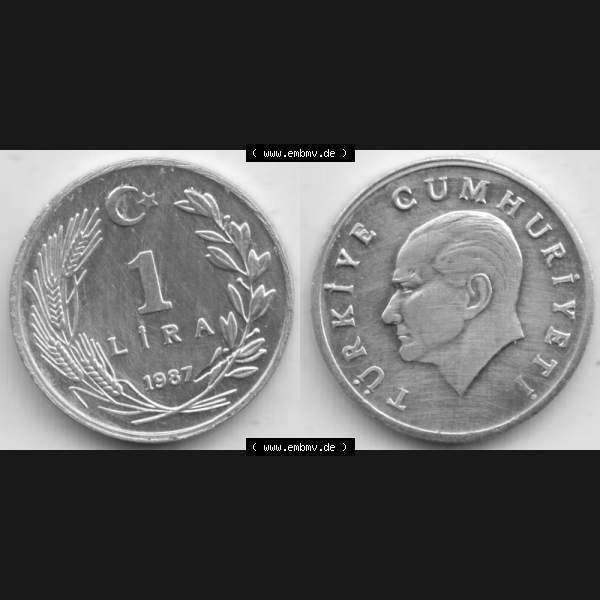Grau bzw. s/w Münzen Türkei Umlaufmünze 1985-1989, 1 Lira - Lire 1987. Vorderseite und Rückseite der Münze der Türkei auf einen Digitalen Bild, als Bildmaterial für... Sammlung Graustufen