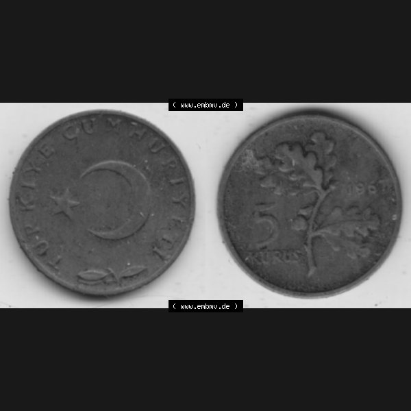 Grau bzw. s/w Münzen Türkei Umlaufmünze 1958-1968, 5 Kurus 1967, Bild mit Vollansicht als Bildmaterial Sammlung Graustufen