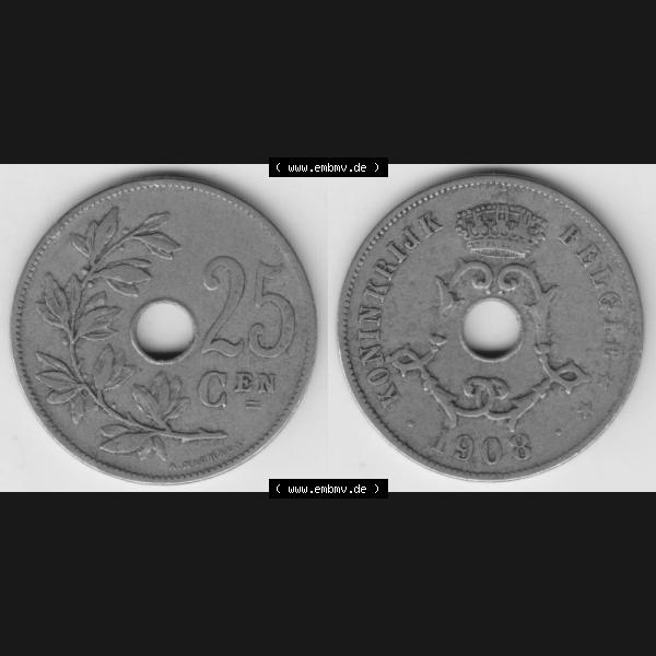 Grau bzw. s/w Münzen Belgien Umlaufmünze 1908-1909, 25 Cen, Centimes Koninkrijk Belgie. Vorderseite und Rückseite horizontal auf einen digitalen Bild der alten belgischen Francs Umlaufmünze... Sammlung Graustufen