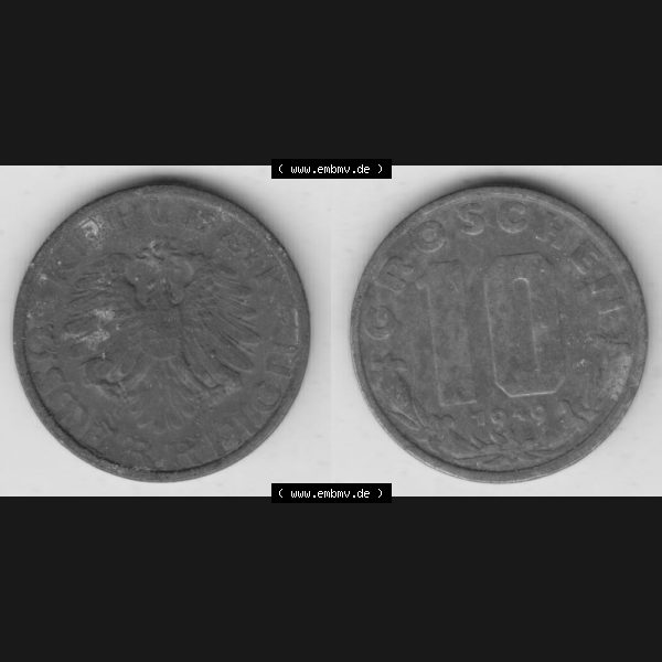 Grau bzw. s/w Münzen Österreich Umlaufmünze 1947-1949, 10 Groschen 1949 II., Münze aus Österreich mit Münzseiten Horizontal / Nebeneinander auf einen Bild für... Sammlung Graustufen