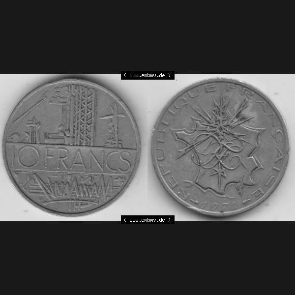 Grau bzw. s/w Münze Frankreich 1974-1987, 10 Franken-Francs 1978 III.. Vorderseite und Rückseite horizontal auf einen digitalen Bild der alten französischen Umlaufmünze aus Frankreich... Sammlung Graustufen
