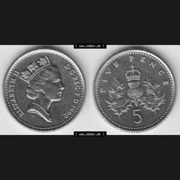 Grau bzw. s/w Münzen Großbritannien Umlaufmünze 1990-1997, 5 Pence 1992. Vorderseite und Rückseite horizontal auf einen digitalen Bild der alten britischen Münze aus Großbritannien... Sammlung Graustufen