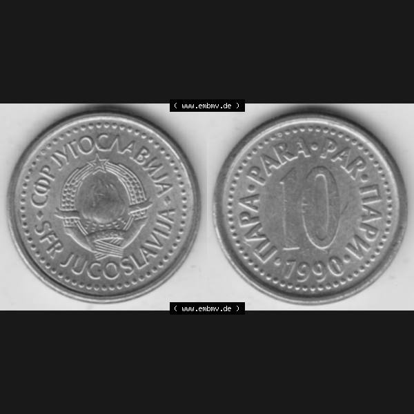 Grau bzw. s/w Münzen Jugoslawien Umlaufmünze 1990-1991, 10 Para 1990, Bild mit Vollansicht als Bildmaterial Sammlung Graustufen