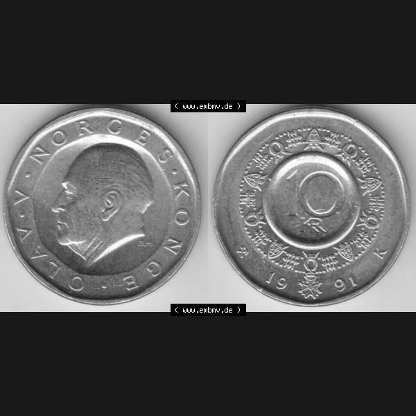 Grau bzw. s/w Münzen Norwegen Umlaufmünze 1983-1991, 10 Kronen 1991, Münze aus Norwegen mit Münzseiten Horizontal / Nebeneinander auf einen Bild für Mobile-Geräte als Bildmaterial... Sammlung Graustufen