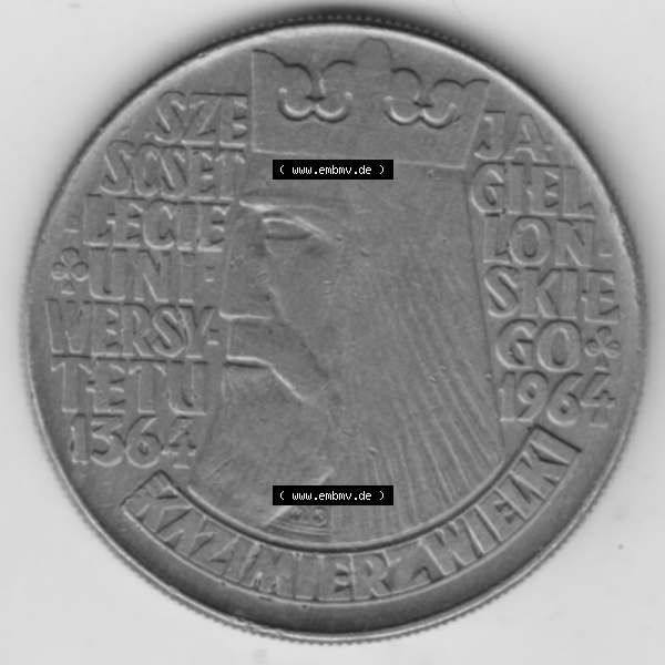 Grau bzw. s/w Münzen Polen Gedenkmünze 1964-1964, 10 Zloty 600. Jahrestag der Jagiellone Universität (2) Sammlung Graustufen
