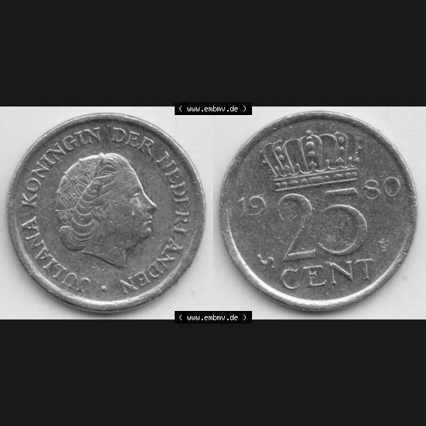Grau bzw. s/w Münzen Niederlande Umlaufmünze 1950-1980, 25 Cent 1980, Bild mit horizontaler Vollansicht als Bildmaterial Sammlung Graustufen