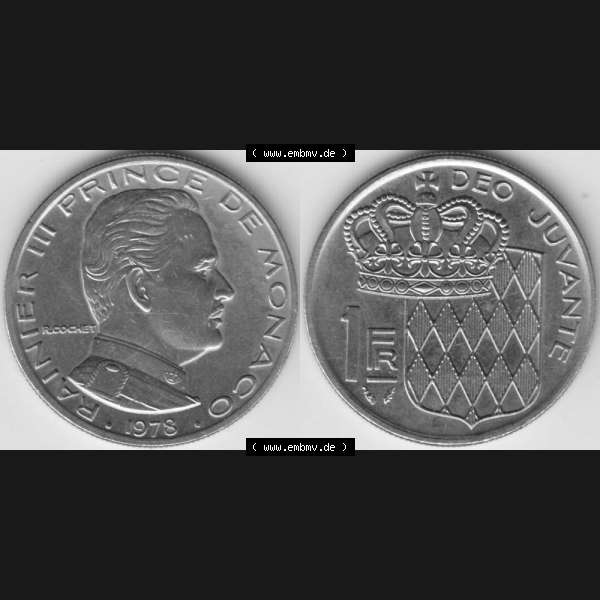 Grau bzw. s/w Münzen Monaco Umlaufmünze 1960-1995, 1 Fr, Franc, Franken Rainier III Prince de Monaco I. 1978 (3) Sammlung Graustufen
