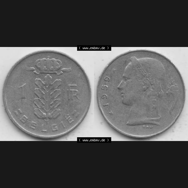 Grau bzw. s/w Münzen Belgien Umlaufmünze 1950-1988, 1 Francs-Franken 1959 Belgie. Vorderseite und Rückseite horizontal auf einen digitalen Bild der alten belgischen Francs Umlaufmünze... Sammlung Graustufen