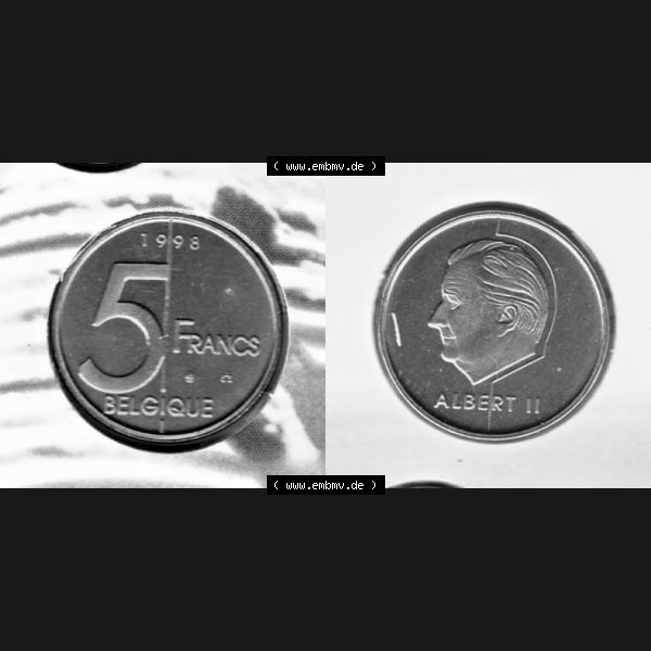 Grau bzw. s/w Münzen Belgien Umlaufmünze 1998, 5 Francs. Vorderseite und Rückseite horizontal auf einen digitalen Bild der alten belgischen Francs Umlaufmünze aus Belgien vor Einführung... Sammlung Graustufen