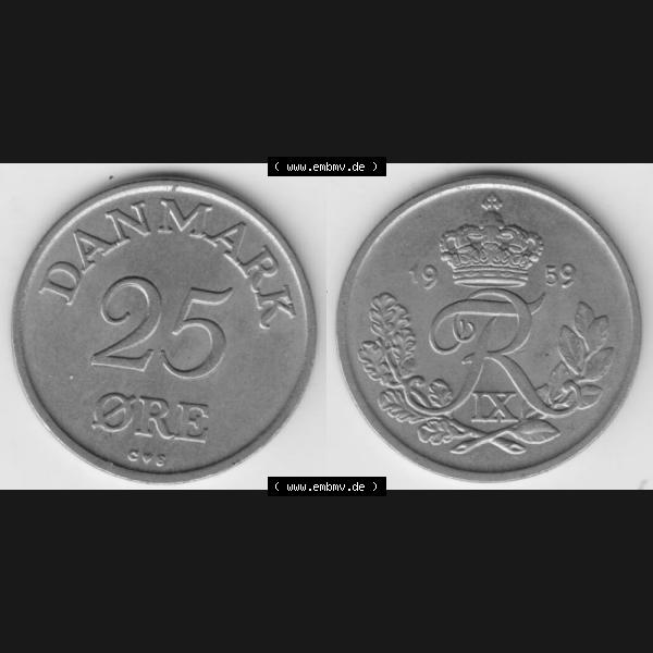 Grau bzw. s/w Münzen Dänemark Umlaufmünze 1959, 25 Öre. Vorderseite und Rückseite horizontal auf einen digitalen Bild der alten dänischen Umlaufmünze aus Dänemark... Sammlung Graustufen