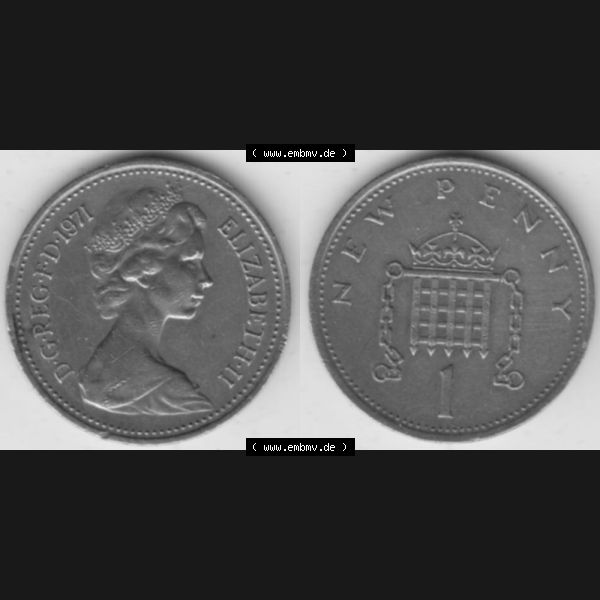 Grau bzw. s/w Münzen Großbritannien Umlaufmünze 1971-1981, 1 New Penny 1971. Vorderseite und Rückseite horizontal auf einen digitalen Bild der alten britischen Münze aus Großbritannien... Sammlung Graustufen