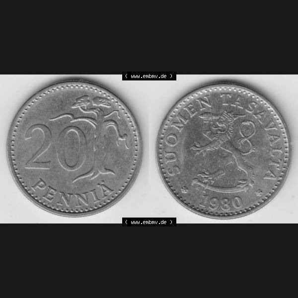 Grau bzw. s/w Münzen Finnland Umlaufmünze 1963-1990, 20 Penniä, 1980. Vorderseite und Rückseite horizontal auf einen digitalen Bild der alten finnischen Umlaufmünze aus Finnland... Sammlung Graustufen
