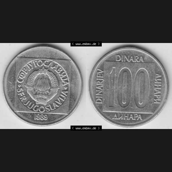 Grau bzw. s/w Münzen Jugoslawien Umlaufmünze 1988-1989, 100 Dinar 1989, Bild mit Vollansicht als Bildmaterial Sammlung Graustufen
