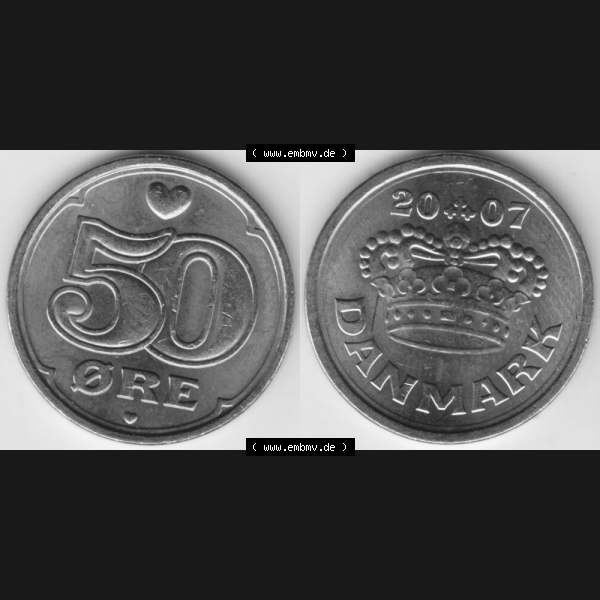 Grau bzw. s/w Münzen Dänemark Umlaufmünze 2007, 50 Öre. Vorderseite und Rückseite horizontal auf einen digitalen Bild der alten dänischen Umlaufmünze aus Dänemark... Sammlung Graustufen