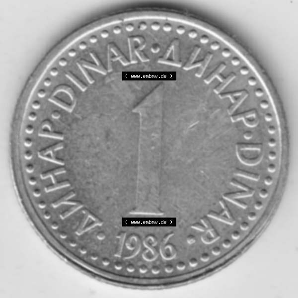 Grau bzw. s/w Münzen Jugoslawien Umlaufmünze 1982-1986, 1 Dinar 1986, Bild mit Rückseite der Münze als Bildmaterial Sammlung Graustufen