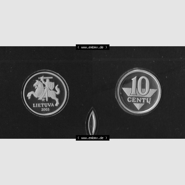 Grau bzw. s/w Münzen Litauen Umlaufmünze 1997-2014, 10 Centu 2003, Bild mit Vollansicht aus offiziellen Münzsatz / KMS 2003 Sammlung Graustufen