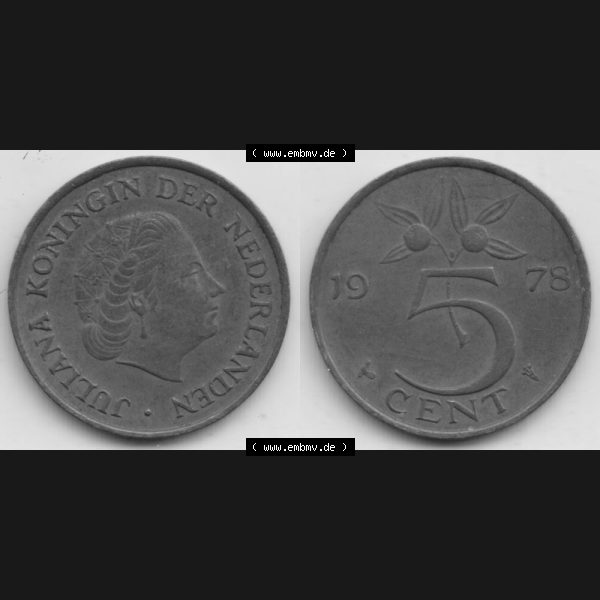 Grau bzw. s/w Münzen Niederlande Umlaufmünze 1950-1980, 5 Cent 1978, Bild mit horizontaler Vollansicht als Bildmaterial Sammlung Graustufen